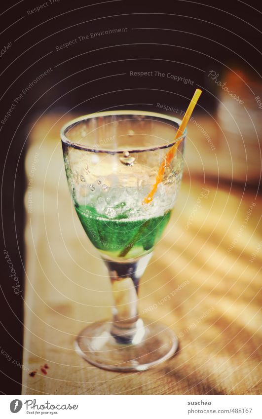 magic potion Beverage Glass Straw Kitchen Wood Green Jelly Dessert Grits Colour photo Interior shot Deserted Copy Space top Day Sunlight Shallow depth of field