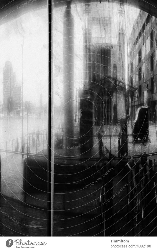 On the banks of the Rhine in Cologne rheinufer reflection Distorted Column Metal Black & white photo Building rail car bicycles Architecture Sky City