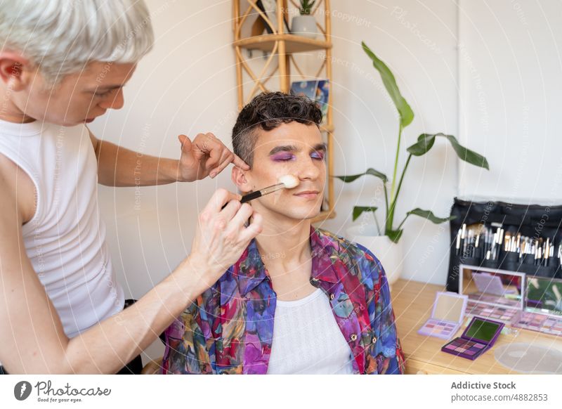 Transgender Man Getting Blush With Makeup Brush Closeup Face Eye Shadow Couple Applying Artist Cosmetic Gay Boyfriend Fashion Lifestyle Preparation Pride