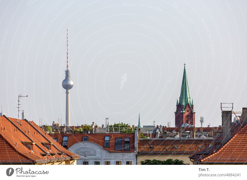 Berlin Pankow with television tower and church Television tower Colour photo Church roofs Exterior shot Capital city Town Downtown Architecture Berlin TV Tower