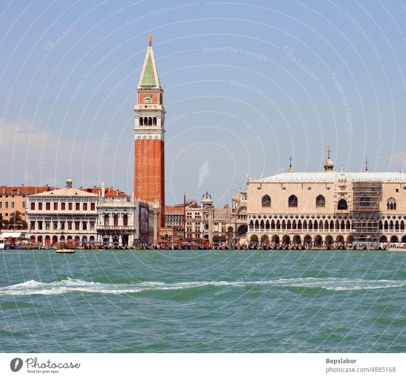 View of St. Mark bell tower and Doge's palace in Venice boat canal canal grande foam gondola hiking lagoon landscape postcard river sea sea view ship transport