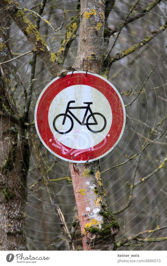 Bicycle prohibition - Traffic sign - Prohibition for cyclists - Round traffic sign in forest Bicycle ban Road sign interdiction Pictogram Forest Nature