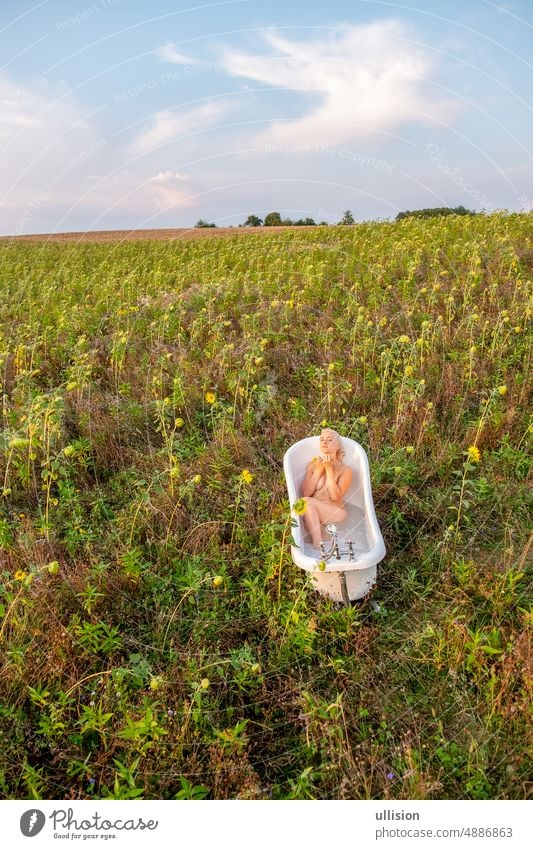 View from above to a young, sexy, beautiful woman, blond, takes a bath in a bathtub in rural landscape nature sunset between sunflowers view copy space