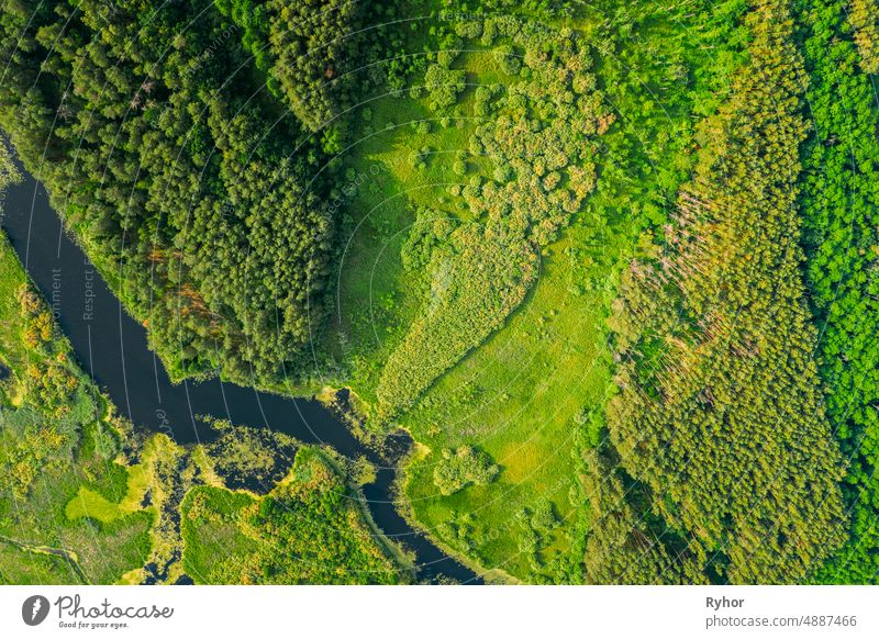 Aerial View Of Summer River Landscape In Sunny Summer Day. Top View Of Beautiful European Nature From High Attitude In Summer Season. aerial aerial view
