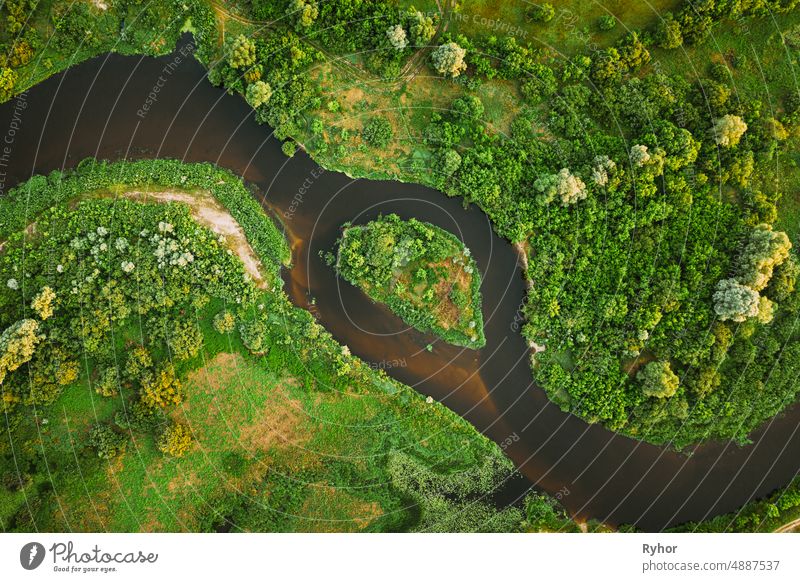 Aerial View Of Summer River Landscape In Summer Day. Top View Of Beautiful European Nature From High Attitude In Summer Season. Drone View. Bird's Eye View. Natural River Island