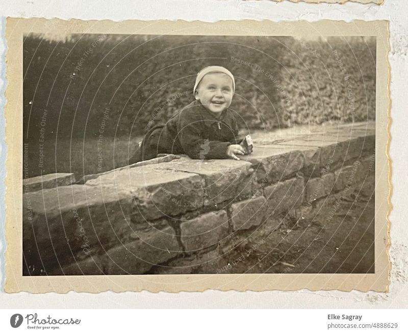 Old , analog photo - wall child Black & white photo Exterior shot Day Analogue photo Line Nature Child Wall (barrier) Concrete black-and-white