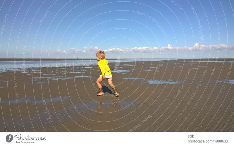 Childhood | vacations | North Sea coast | wadden hiking & enjoying the sea. Human being Boy (child) by the sea watt mudflat hiking tour Beach Sand Low tide Sky