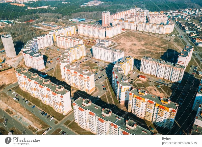 Gomel, Belarus. Aerial Bird's-eye View Of New Residential Multi-storey Houses. Cityscape Skyline In Sunny Spring Day. Real Estate, Development Industry Homel