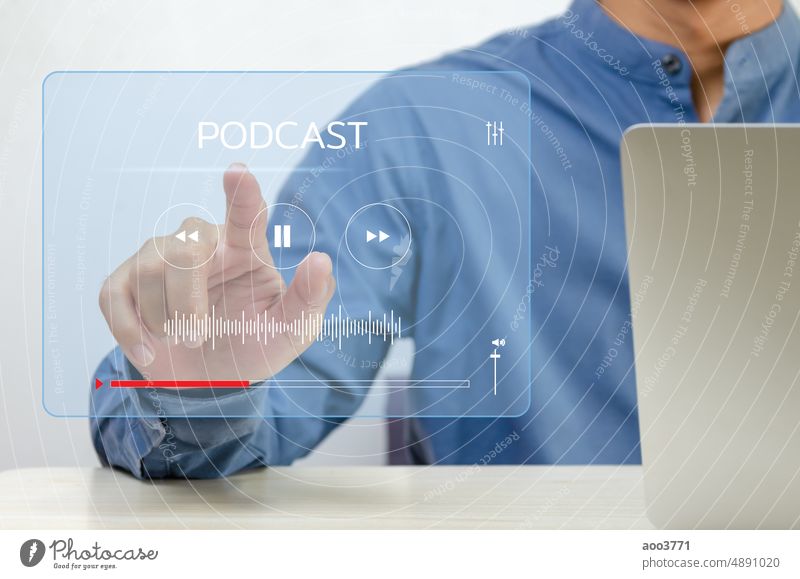 Businessman finger touch  virtual screen digital podcast. Technology internet online Concept. microphone music audio studio cube wood technology sound