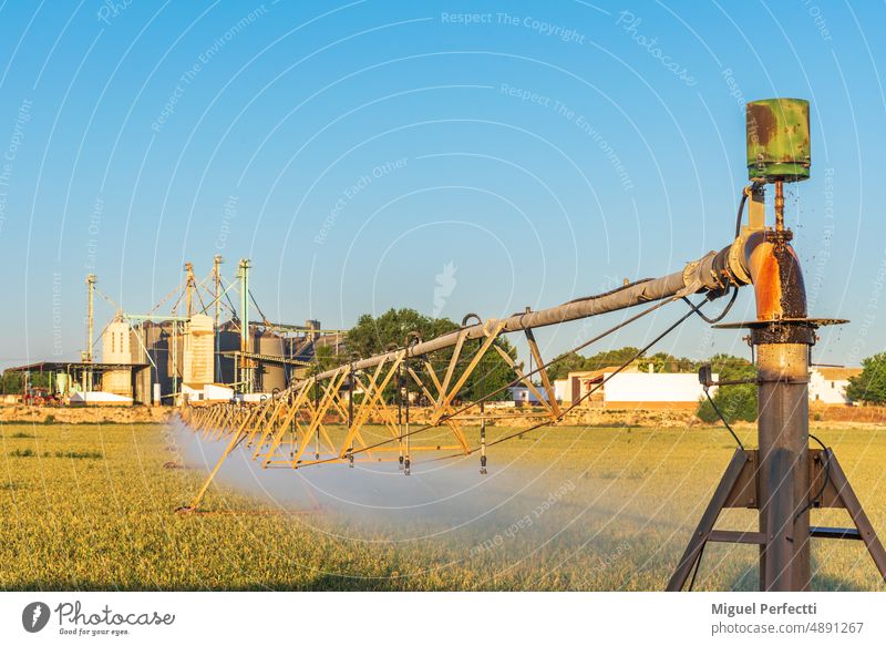 Central pivot irrigation system, irrigation pipes with sprinklers on wheels that rotate on a central axis. Bottom grain storage silos. farming crop field green
