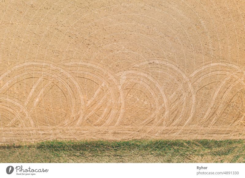 Belarus. Aerial View Of Minimalistic Rural Landscape In Bird's-eye View. Beginning Of Agricultural Spring Season. Tractor Tracks On Plowed Field Surface From Agricultural Machinery