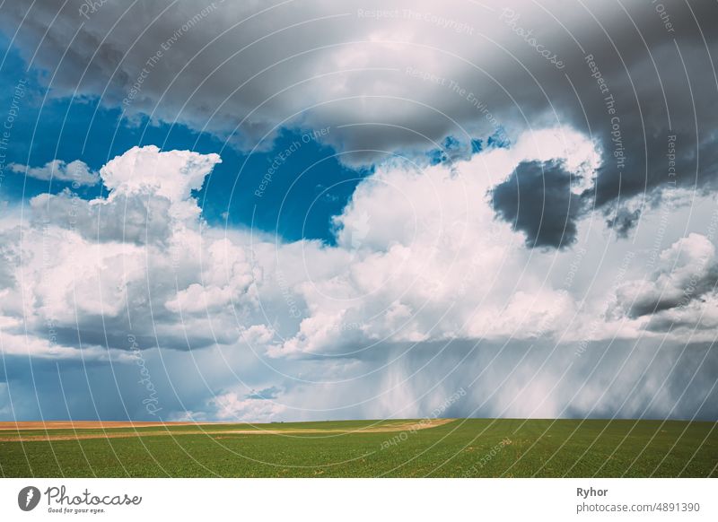 Countryside Rural Field Meadow Landscape In Sunny Rainy Spring Day. Scenic Sky With Rain Clouds On Horizon. Agricultural And Weather Forecast Concept