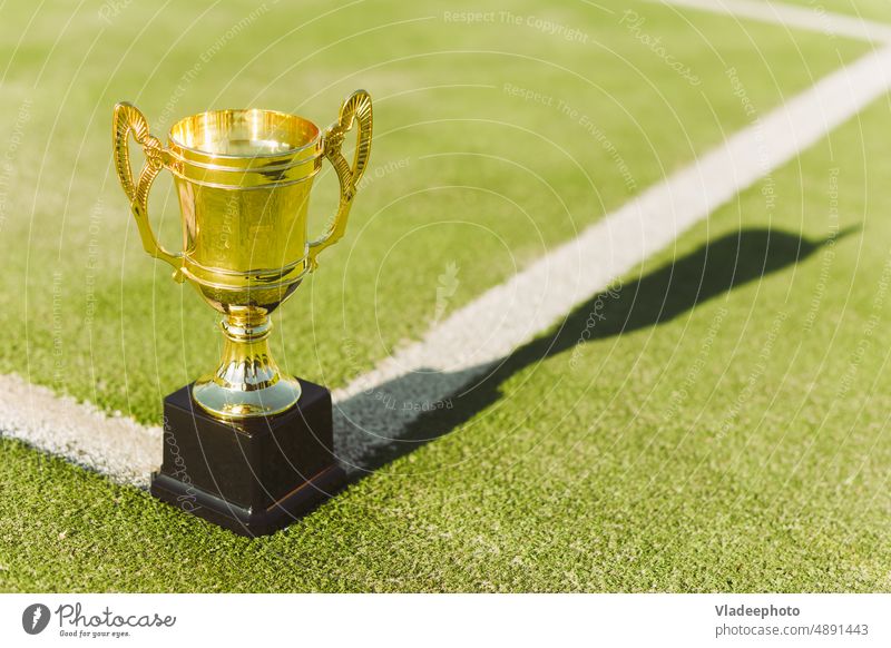 Golden prize cup for winner of competition on tennis court lawn golden corner line field sport game play stand goblet champion copy space green background white