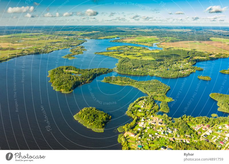 Lyepyel District, Vitebsk Region, Belarus. Aerial View Of Lepel Lake With Natural Small Islands Beloozerny District aerial aerial view attitude autumn beautiful
