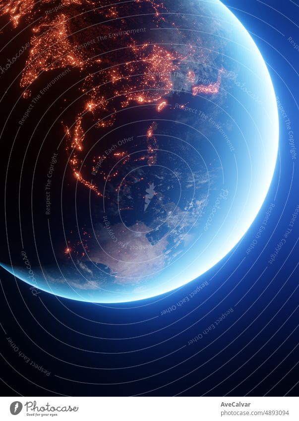 realistic Earth planet viewed from space at night showing the lights of india and asian countries, cinematic 3d render of planet Earth.Energy consumption, electricity, industry, ecology concepts.