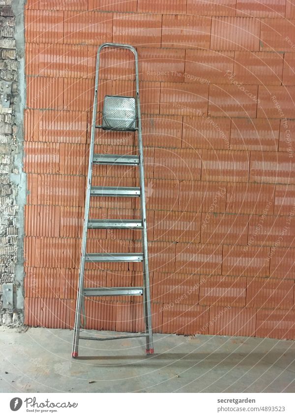 Cobbler, stay on your ladder. Ladder Construction site Wall (building) unfinished Metal brick Red Gray Raw floor Lean Forget Colour photo Deserted