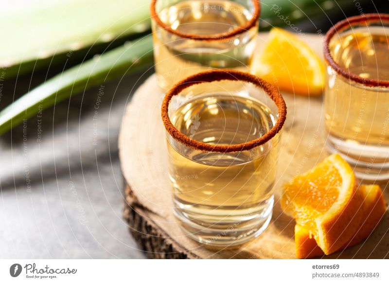 Mezcal Mexican drink with orange slices and worm salt Oaxaca agave alcohol background beverage glass juice mexican mix table traditional tropical white wooden
