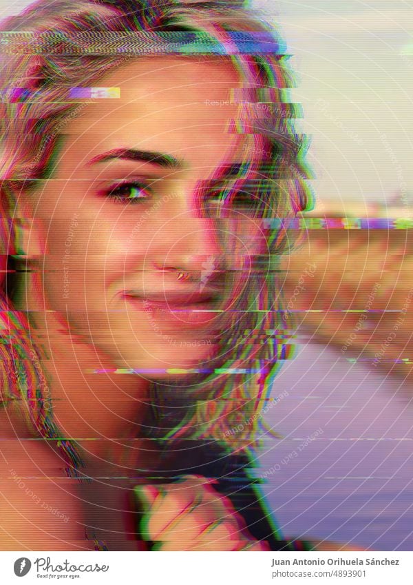 Distorted portrait of a pretty young woman. Mental disorders. Glitch effect of virtual reality. Deep fake concept. Filter distorting. Glitched television screen effect. Digital artifacts. Digital errors.