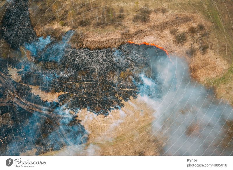 Aerial View. Dry Grass Burns During Drought And Hot Weather. Bush Fire And Smoke In Meadow Field. Wild Open Fire Destroys Grass. Nature In Danger. Ecological Problem Air Pollution. Natural Disaster