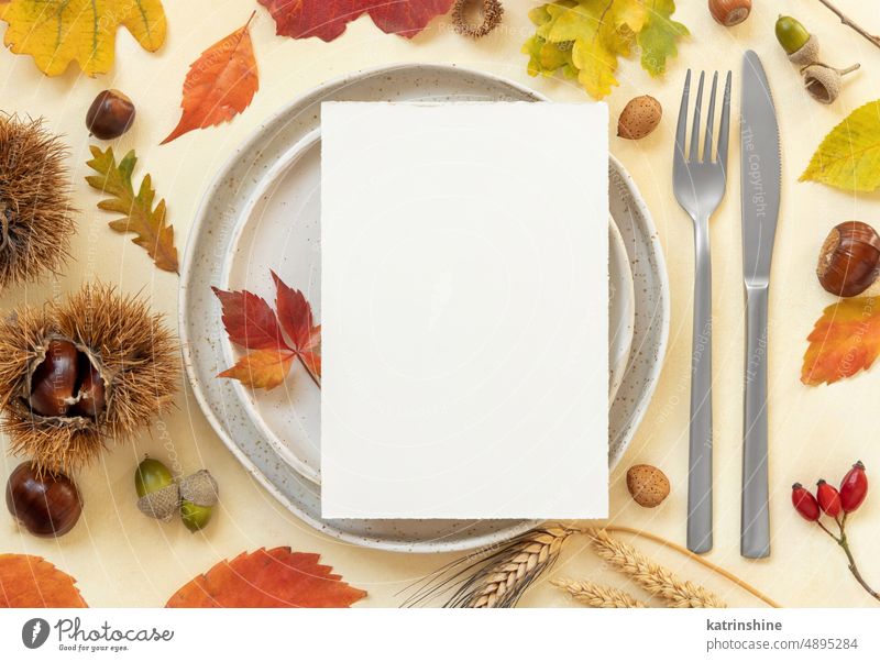 Autumn table place with colorful leaves and vertical blank card top view, mockup Mockup setting invitation Harvest wooden red yellow orange acorns wheat berries