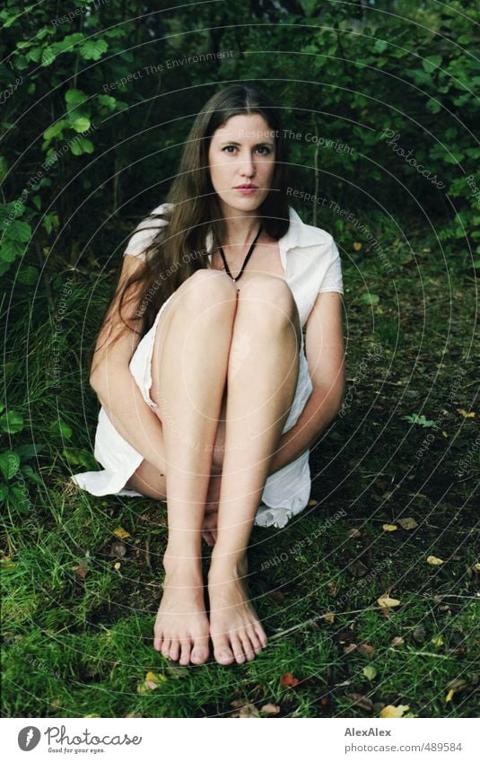 Forest Fairy Jenny Trip Adventure Young woman Youth (Young adults) Legs Feet 18 - 30 years Adults Bushes Autumn leaves Dress Barefoot Brunette Long-haired