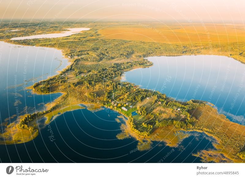 Braslaw District, Vitebsk Voblast, Belarus. Aerial View Of Lakes, Green Forest Landscape. Top View Of Beautiful European Nature From High Attitude. Bird's Eye View. Famous Lakes