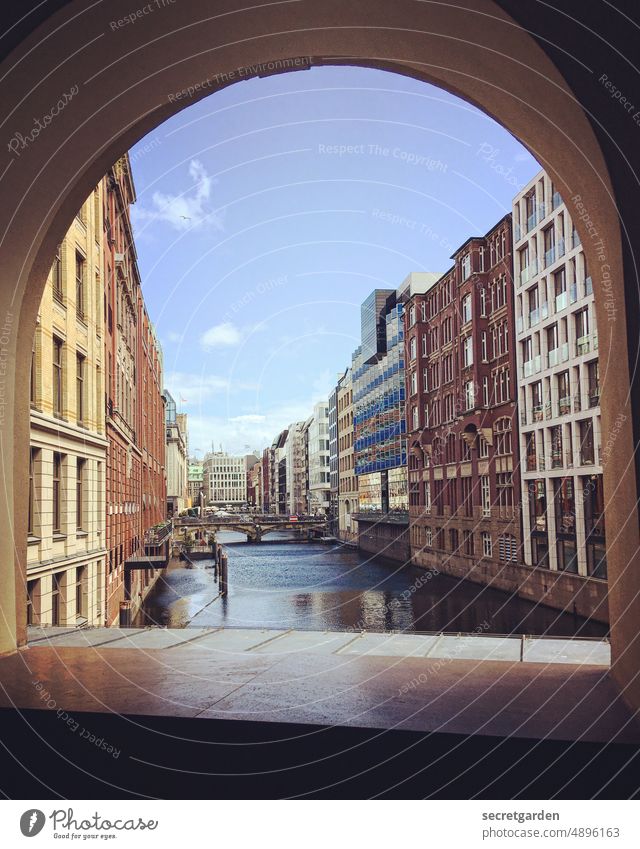 Inside and out. Hamburg outlook Fleet Water Channel Architecture Building downtown Bridge Window Far-off places Sky Summer warm Development Narrow added houses