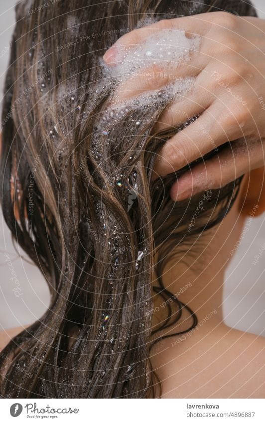 Closeup of the female washing her hair shampoo girl lifestyle care treatment woman wet young soap indoor water lather clean brunette wellness caucasian