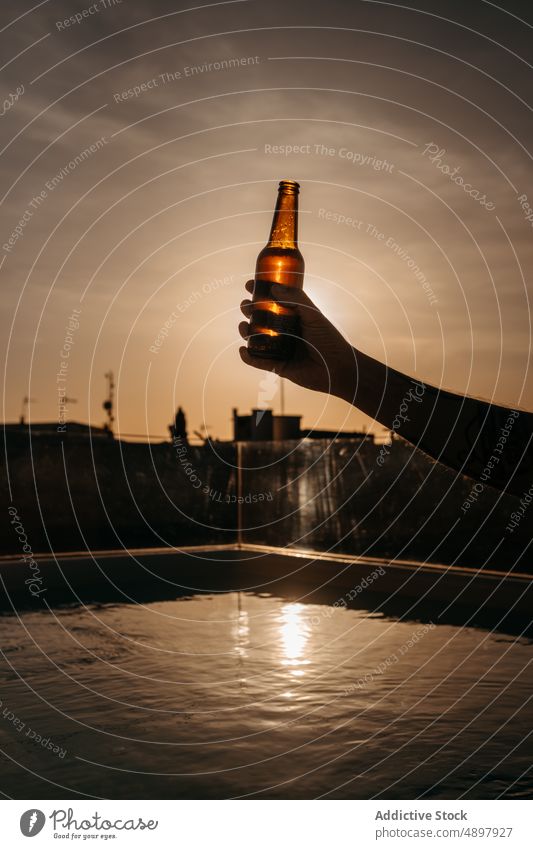 Silhouette of crop anonymous tourist holding beer bottle in pool person rooftop sunset drink chill holiday silhouette vacation alcohol show demonstrate traveler