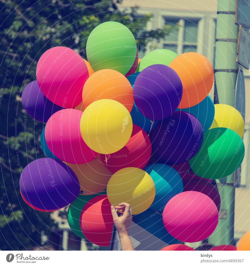 many colorful balloons and a hand. Colorful lightness variegated Multicoloured Many Balloon Joie de vivre (Vitality) Happiness Hand Ease colourful Summer