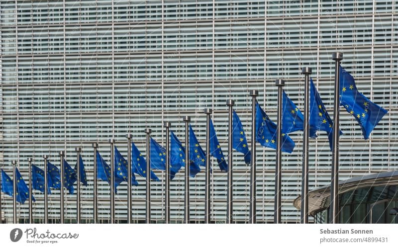 Row of EU Flags in front of the European Union Commission building in Brussels, Belgium eu symbol politics council euro international legislation political blue