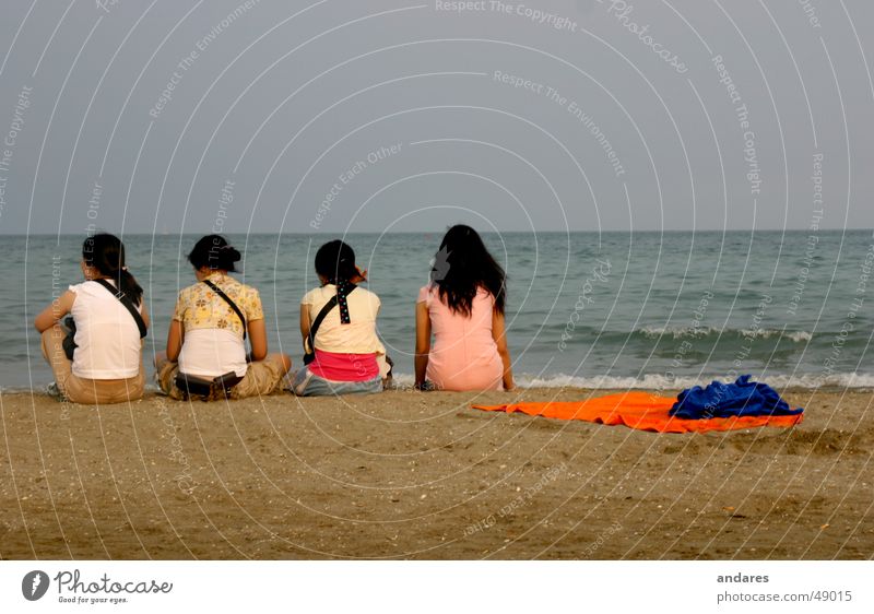 The Four at the Sea Ocean Beach Horizon 4 Romance Calm Girl Woman Couple Longing Expectation Think Vacation & Travel Sand Water Sky Back asian Partner