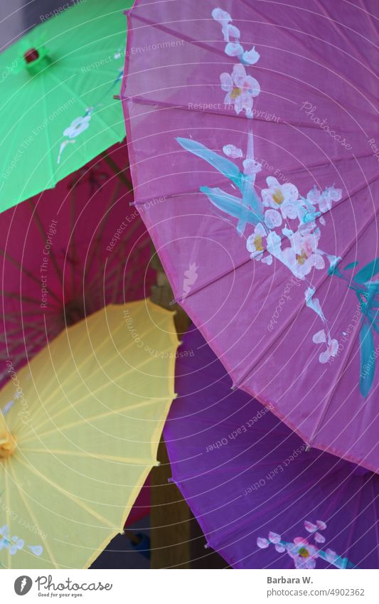 A collection of hand painted rice paper asian parasols. umbrellas yellow pink purple red green colourful decorative parasol decoration decorative umbrella