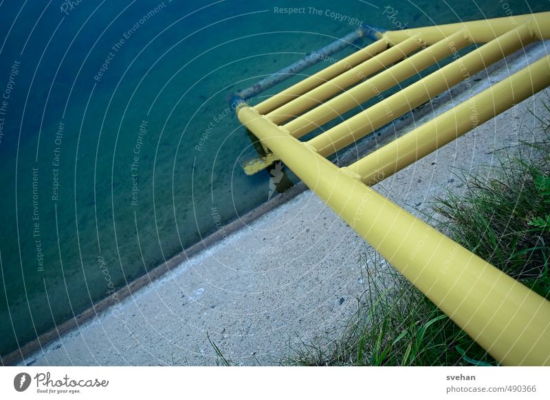 Into the depth Ladder Water Harbour Blue Yellow Gray Green Metal Channel Escarpment Diagonal Downward The deep Bank reinforcement Concrete wall Rung