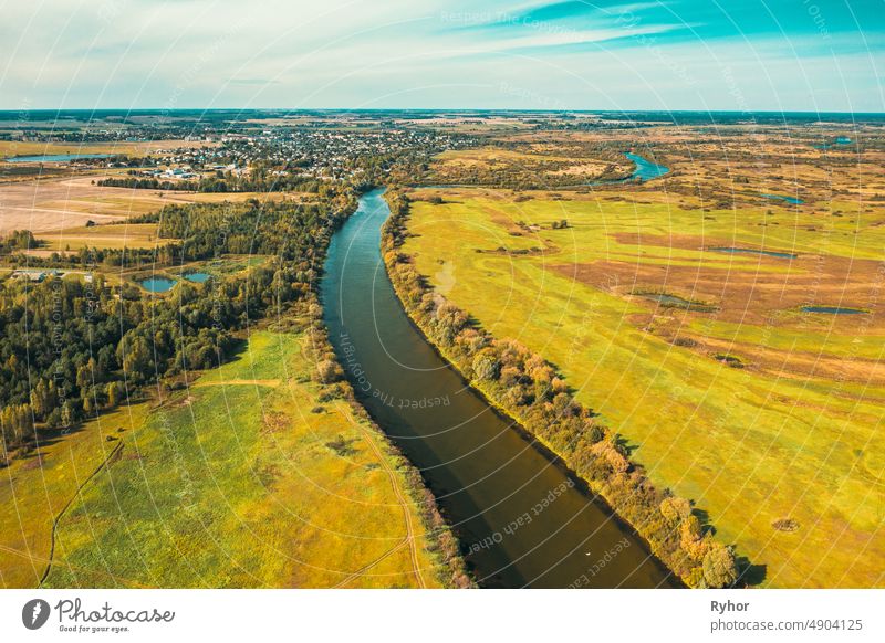Chachersk, Belarus. Aerial View Green Meadows And Sozh River Landscape In Sunny Summer Day. Top View Of Beautiful European Nature From High Attitude In Summer Season. Drone View. Bird's Eye View