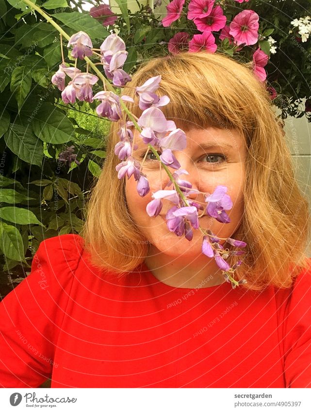 myself | say something through the flower Face Woman Red Plant Hang disruptive smilingly hair Nature Experiencing nature Love of nature nature conservation