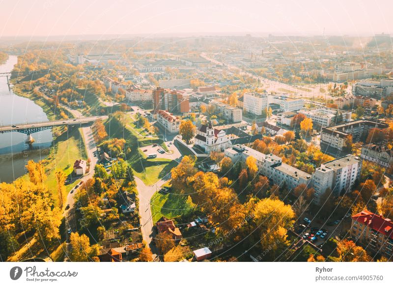 Grodno, Belarus. Aerial Bird's-eye View Of Hrodna Cityscape Skyline. Franciscan Monastery - Church of the Virgin Mary In Sunny Autumn Day Grodno region aerial