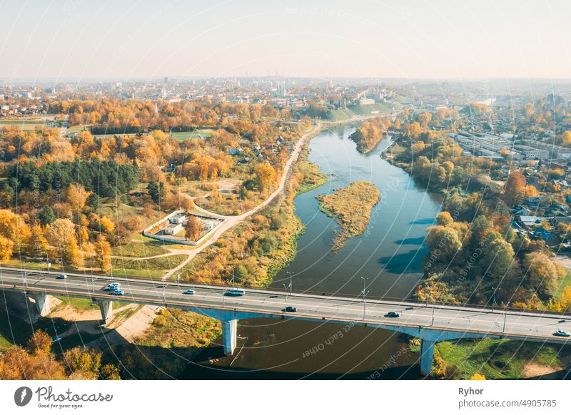 Grodno, Belarus. Aerial Bird's-eye View Of Hrodna Cityscape Skyline. Bridge Over Neman River In Sunny Autumn Day. Grodno region aerial aerial view architecture