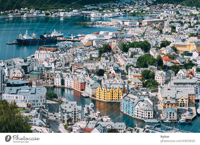 Alesund, Norway. View Of  Alesund Skyline Cityscape. Historical Center In Summer Sunny Day. Famous Norwegian Landmark And Popular Destination. Alesund, Kiven viewpoint, Mt