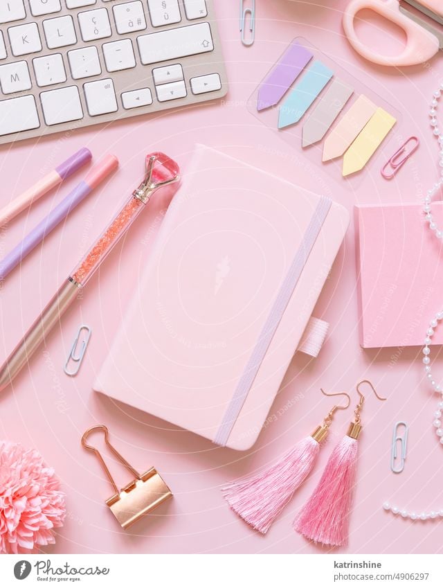 Notebook, Pink school girly accessories and keyboard on pastel pink Top view, mockup notebook top view education stationery textbook Girly feminine romantic