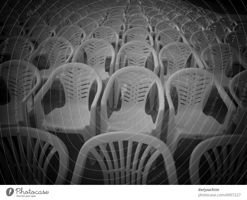 The chairs are ready for the visitors of the event. Lined up in rows. still life Chair Seating Deserted a lot Plastic Monochrome Row of chairs Free Event