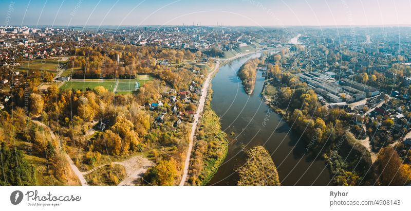 Grodno, Belarus. Aerial Bird's-eye View Of Hrodna Cityscape Skyline. Residential District In Sunny Autumn Day. Panorama, Panoramic View Grodno region aerial