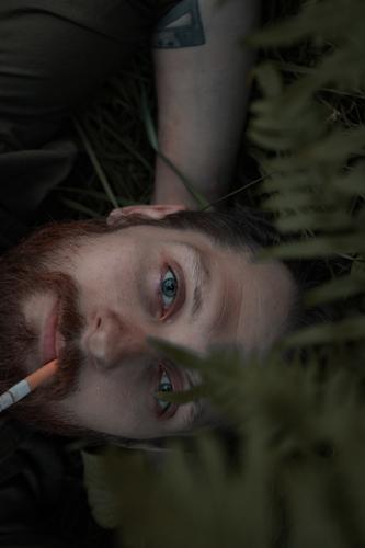 man in a forest II green eyes Green Laying Down Fern leaf Portrait photograph Close-up Close up of a face moustache beard Looking into the camera Cigarette