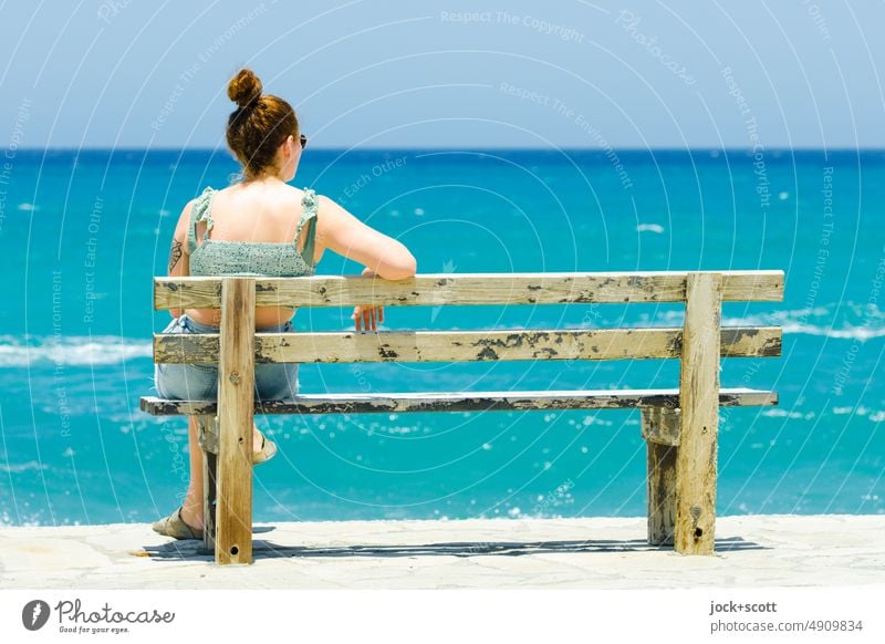 free space with far view Young woman Park bench Ocean farsightedness Sit warm Turquoise Summer vacation Beautiful weather Far-off places Panorama (View)