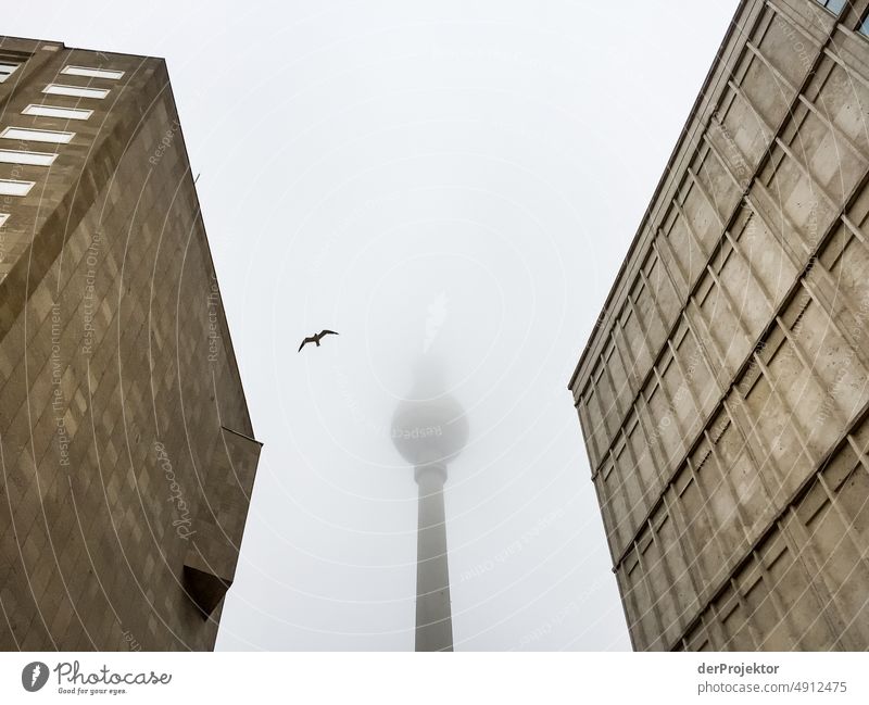 TV tower in Berlin in fog framed by two shopping malls Pattern Abstract Urbanization Capital city Copy Space right Copy Space left Cool (slang)