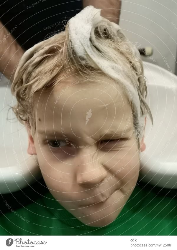 Childhood | Visit to the hairdresser | Foam in the hair & fluff in the head Human being Boy (child) Infancy portrait Interior shot Face Close-up