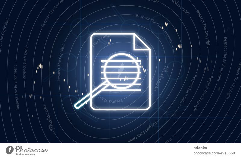 Document and magnifier icons on blue background. Data validation concept, control magnifying glass document finance fraud future futuristic holographic