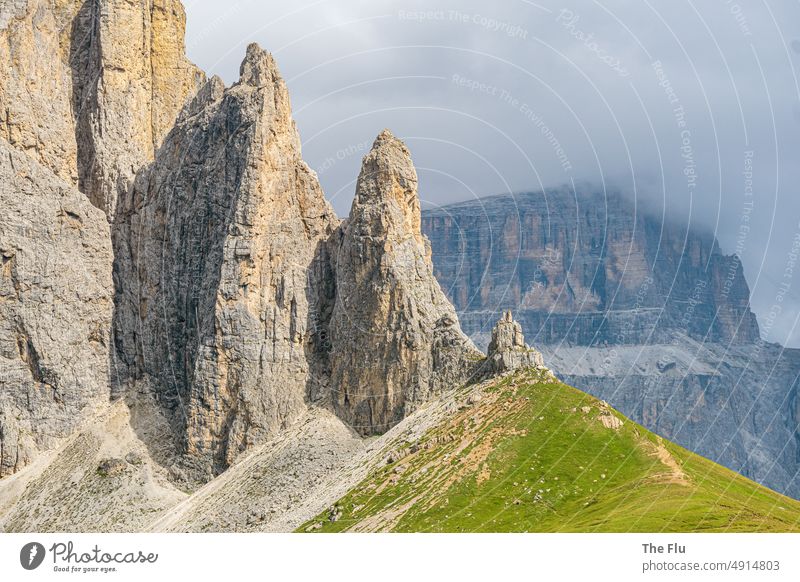 Sella Group in the Dolomites/South Tyrol - Trentino Alps Sella yoke Mountain Peak Summer Hiking Meadow World heritage Clouds Climbing Mountaineering
