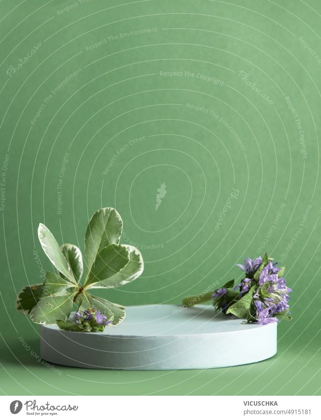 Minimal modern green product display with podium, green leaves and purple flowers minimal scene stage showcase promotion sale presentation natural eco-friendly