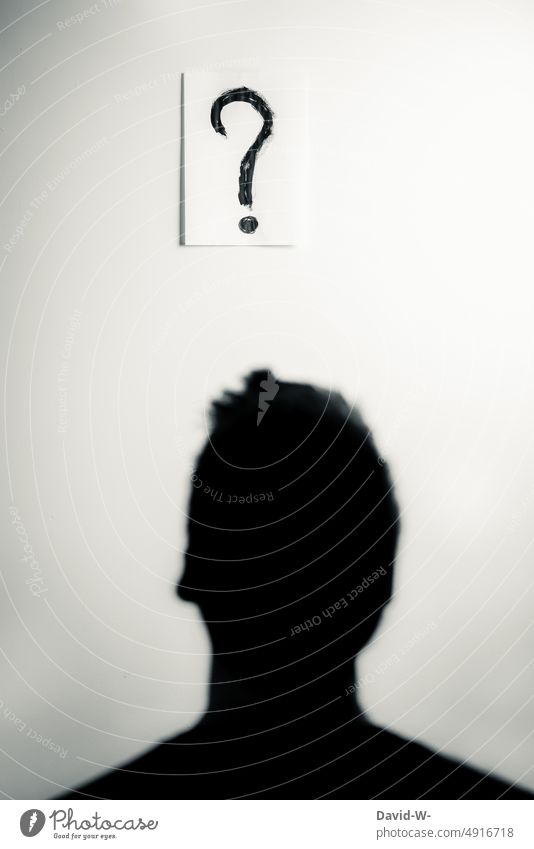 Question mark - man anonymous Ask Meditative thoughts Think ponder Head why ? Man Back of the head Insecure Ambiguous